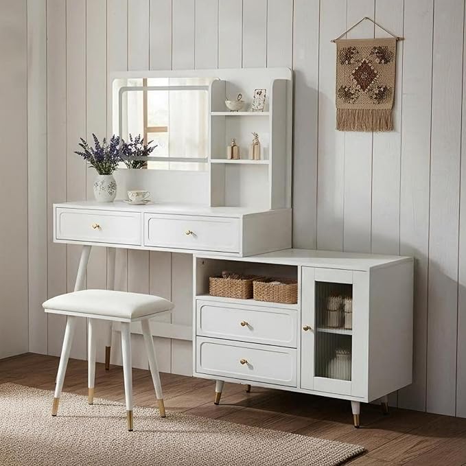 Merax 58" Large Vanity Desk with Mirror and Lights, Modern White Makeup Vanity Set with Stool and Power Outlet, Retractable Dressing Table with Drawers and Side Cabinet for Bedroom Women