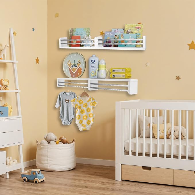 Nursery Wall Bookshelves 4-Pack, Floating Shelves for Kids Room Décor, Baby & Toddler Book Shelf Organizer, Solid Wood Wall-Mounted Rack for Books, Toys & Nursery Storage