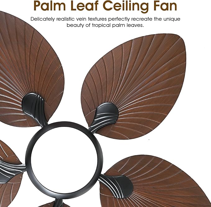 Tropical Ceiling Fans with Lights and Remote/APP Control, 44 Inch Palm Leaf Ceiling Fan with LED Lights, Outdoor Ceiling Fans for Patios Porch, Reversible Quiet Motor, Dimmable, Light Brown