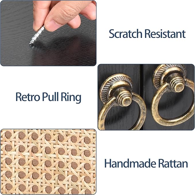 26" Rattan-Door Sideboard Cabinet with Round Pull Rings, 2-Door Credenza Buffet with Generous Storage, Modern Accent Cabinet for Living Room & Kitchen, Black