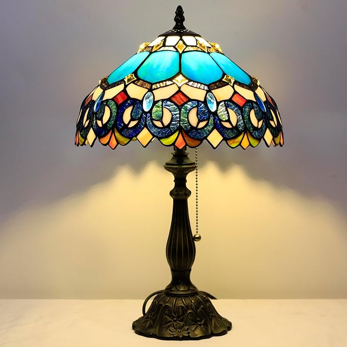 Tiffany Table Lamp Stained Glass Lamp 12X12X19 Inch Antique Reading Light (Blue Jewelry Baroque)