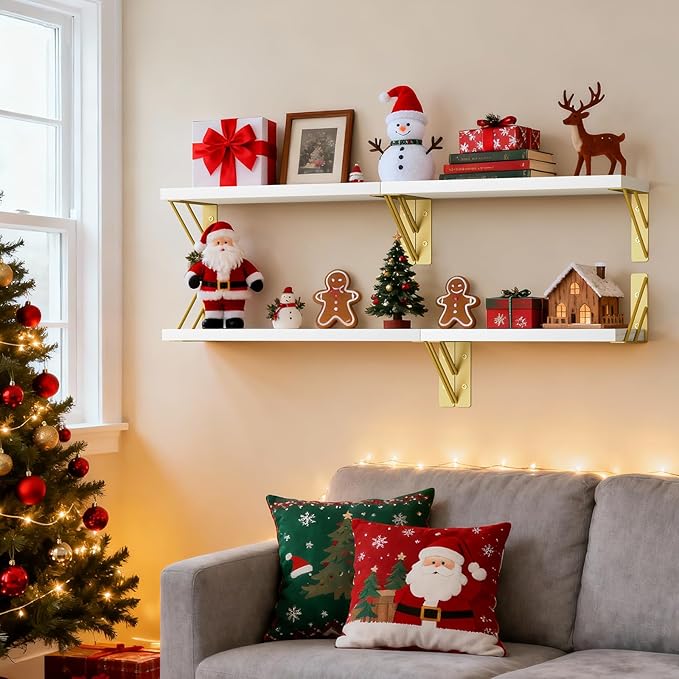 BAYKA Wall Shelves for Bedroom Decor, Floating Wall Shelf for Living Room Kitchen Storage, Mounted Rustic Wood Shelves for Kids Books, Christmas Decorations for Room(White and Gold，Set of 4)