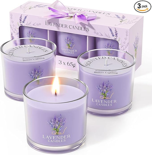 Lavender Candle, Scented Candles Gift Set for Stress Relief, 3 Votive Candles for Women and Men, Birthday Candle Gifts for Women, Christmas Candles for Women (Purple, 7 oz)