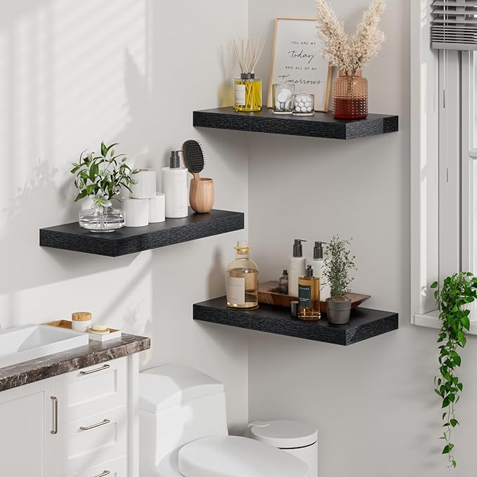 Heimlove 12" Deep Black Floating Shelves for Wall, 24 Inch Shelf Bathroom Shelves Set of 2, Mounted Shelves for Books Living Room Laundry Room Bedroom Kitchen Home Office