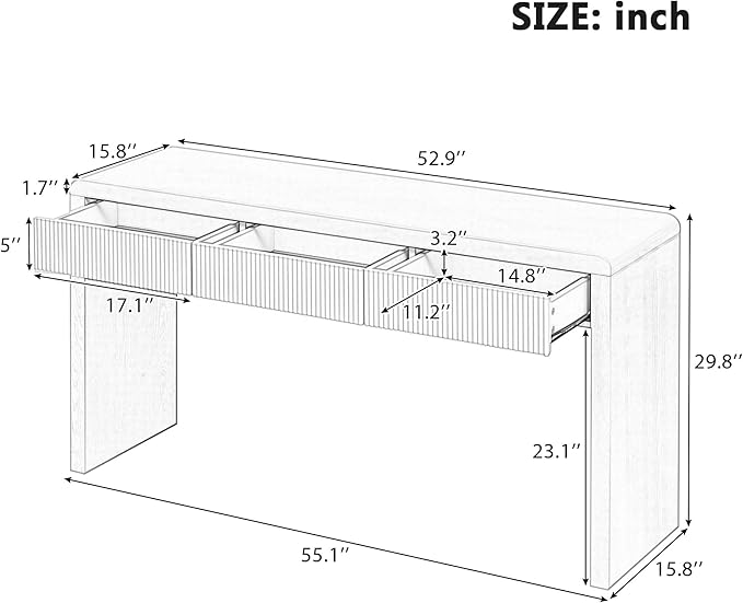 55”Curved Rustic Console Table with 3 Fluted Drawers,Solid Wood Veneer Entry Table Foyer Hallway Table, Narrow Sofa Table Natural Wood Grain for Living Room, Hallway (Oak)