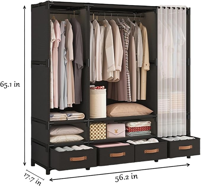 Portable Closet,Portable Closets for Hanging Clothes,Japanese Style Garment Rack Clothing Rack with 4 Drawers,3 Hanging Rods and 6 Storage Shelves,56.2" L x 17.7" W x 65.1" H,Black