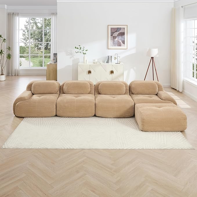 152" Modern Corduroy Cloud Sofa with Ottoman, L Shaped Boneless Modular Large Sectional Couches for Living Room, Camel 4 Seater Compressed Memory Foam Couch, Extra Deep Seat, No Assembly