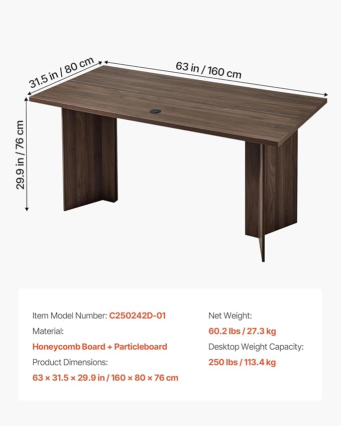 VEVOR 63 in Executive Desk, Large Modern Rectangle Office Table, Heavy Duty Wooden Executive Table with Cable Connection Hole, 250 LBS Load Capacity, Easy Assembly, for Work Study Writing, Walnut