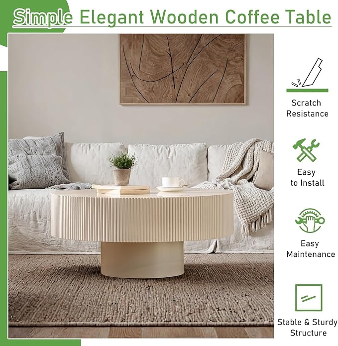 Round Coffee Table for Living Room, 30.91'' Modern Handcraft Drum Coffee Table Unique Fluted Coffee Tables Wood Center Table End Table for Small Space, Farmhouse Apartment Office (White Thickened)