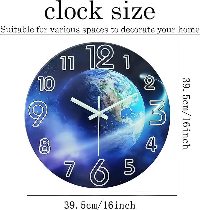Blue Decorative Wall Clock for Living Room 16 Inch Round Analog Glow in The Dark Wall Clocks Battery Operated Quite Wall Clock Non Ticking