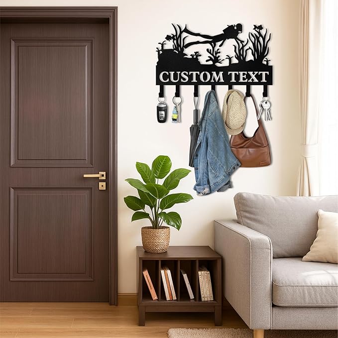 Personalized Key Holder for Wall, Beach Theme Key Holder Wall Mount with Hooks, Coconut Trees Key Hanger Wall Decor for Pool Bathroom Hallway Entryway Office, Customized Home Decor Gifts Color05
