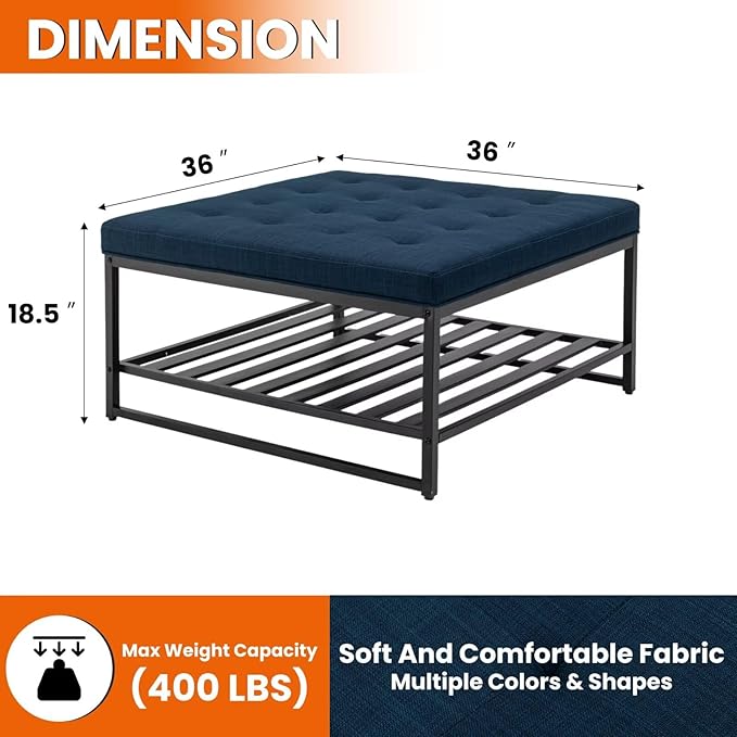 Ottoman Coffee Table with Upholstered Tufted Linen Fabric, Square Center Table with Storage Large Footrest Ottoman for Living Room Navy Blue