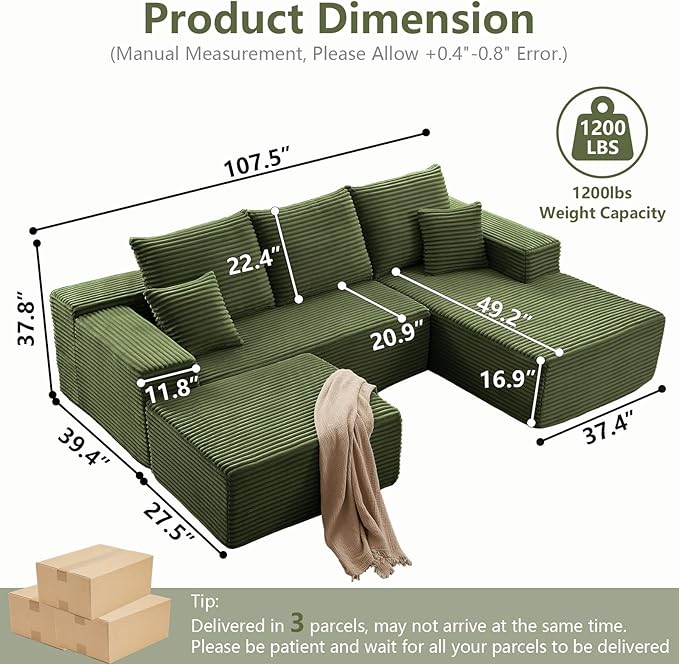 107" U-Shape Cloud Couch, Modern Modular Sectional Comfy L-Shape Sofa with Ottoman, Deep Seat, Upholstered Corduroy Sleeper Chaise Longue for Living Room Bedroom, No Assembly Required, Green