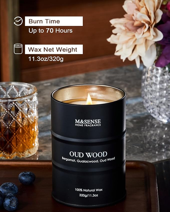 M&SENSE Oud Wood Scented Candles Christmas Decor, Natural Soy Wax Hoilday Candle, 11.3oz 70 Hours Christmas Candles, Winter Candle Gifts for Men Women,Sandwood Scented Candle for Home