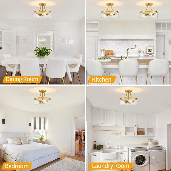 11.81" Brushed Gold Semi Flush Mount Ceiling Light, Modern Glass Entryway Light Fixture, Hallway Light Fixtures, 3-Light Drum Ceiling Lamp for Bedroom Kitchen Island Laundry Dining Room, UL Listed