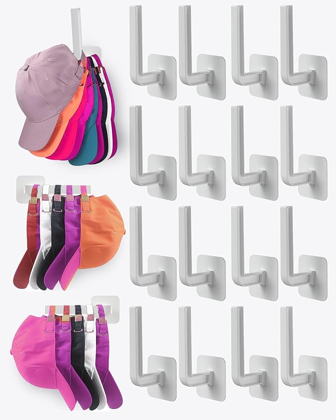 Multi-Purpose Hat Organizer (16-Pack), Strong Adhesive Hat Hooks for Wall, Two Mounting Options, White