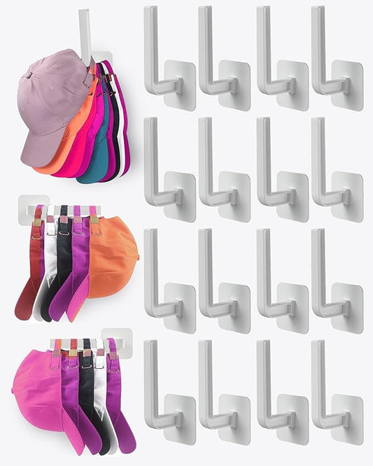 Multi-Purpose Hat Organizer (16-Pack), Strong Adhesive Hat Hooks for Wall, Two Mounting Options, White