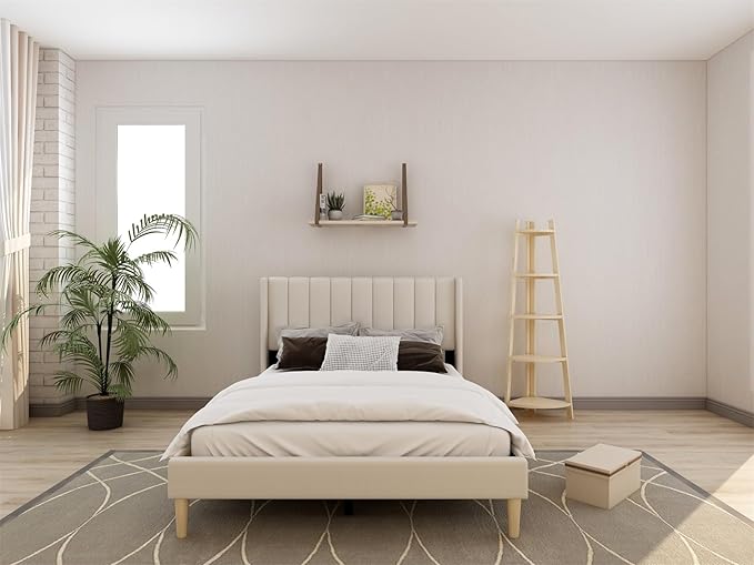 Low Profile Upholstered Platform Bed,Queen Beds with Beige(Linen)