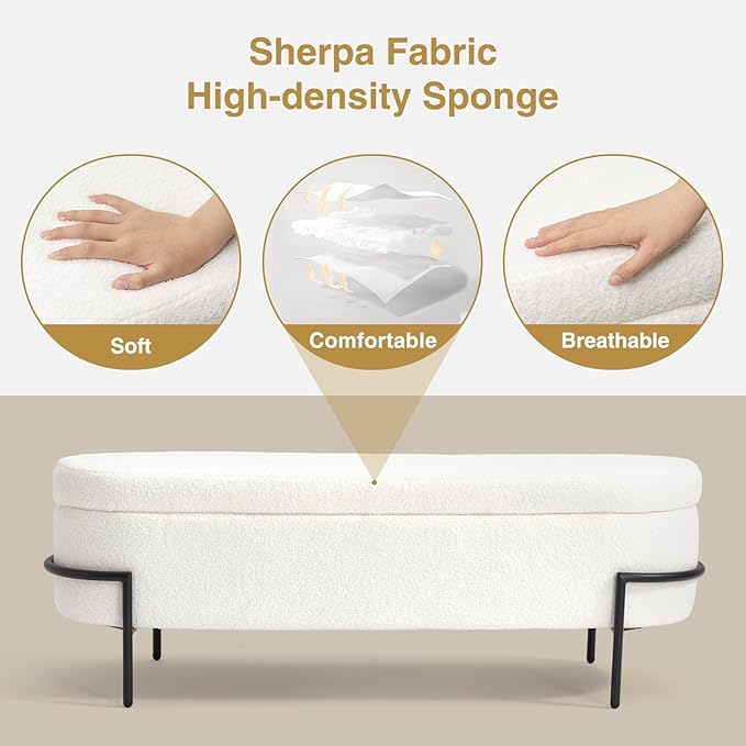Sherpa Storage Ottoman Bench for Bedroom, White End of Bed Bench with Storage, Upholstered Boucle Storage Bench with Metal Stand and Hinges, Oval Ottoman for Living Room, 45 Inch