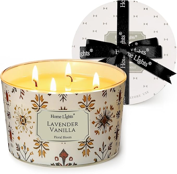 HomeLights Large jar Candle | 4-Wick Long-Lasting Scented Candles, 18oz Natural Soy Wax Candle for Home Scented, Bohemian Natural Textures Gifts for Women & Men, Lavender Vanilla