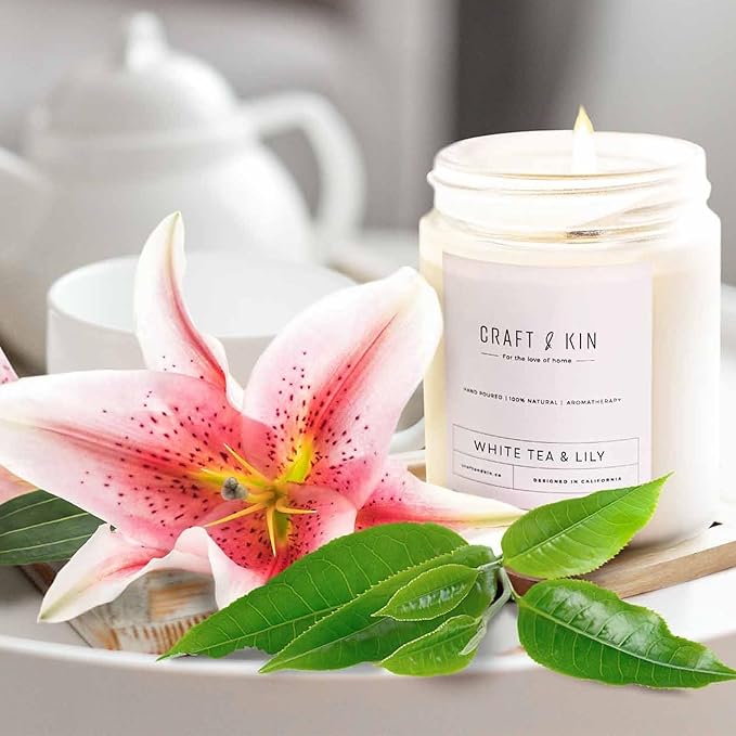 Craft & Kin White Tea & Lily Christmas Scented Candle | 8 Oz 45 Hour Long Lasting | Classic Soy Scented Woodwick Holiday Candles | Made with Natural Soy | Winter Candles Gifts for Men and Women