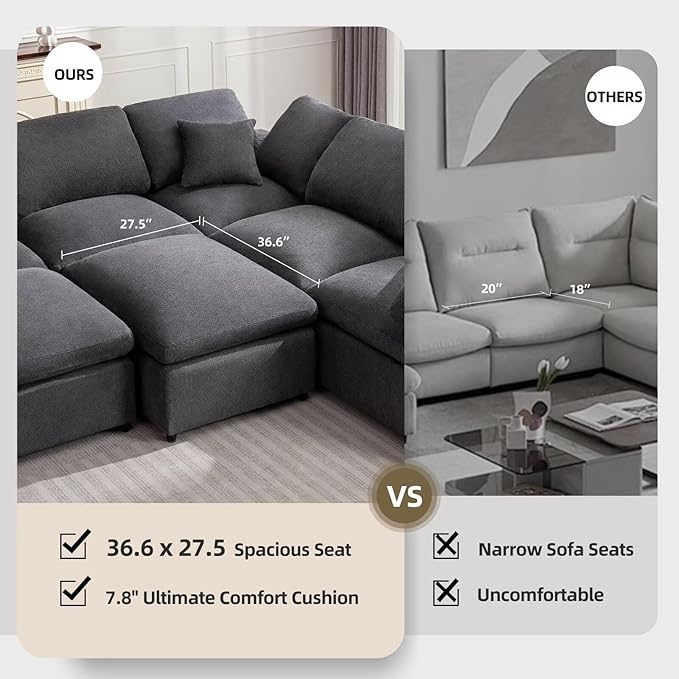 Modular Sectional Sofa Modern Oversized Chenille Cloud Couch with Movable Ottoman 7 Seater L-Shaped Sofas Comfy Couches for Living Room Spacious Space Office Lounge, Dark Grey