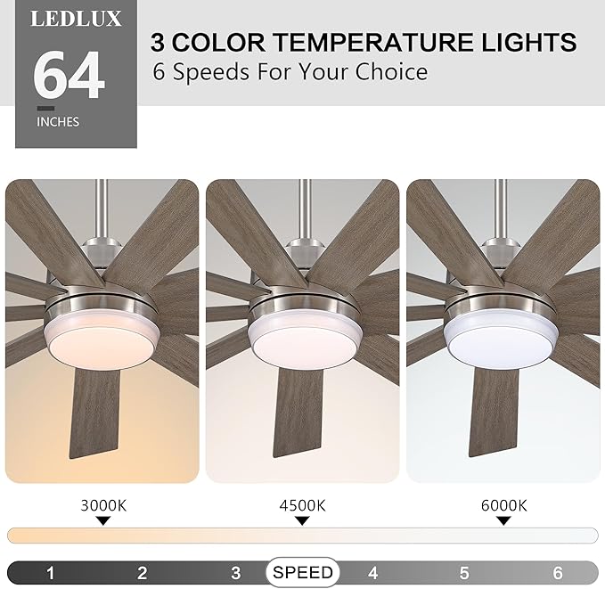 64" Ceiling Fan with Light, 6-Speed Remote Control, Reversible DC Motor, Modern 9 Blades with 4.5"/12" Downrods for Home or Commercial Silver/Wood Color