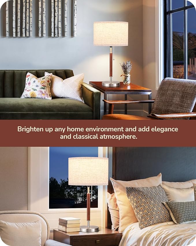 EDISHINE Mid Century Table Lamp, Solid Wood and Metal Bedside Lamp with Pull Chain Switch & Beige Linen Shade, Retro Nightstand Lamp for Bedroom Living Room End Table, E26 Base