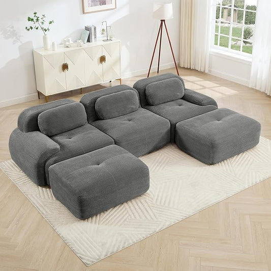 116" Modern Compressed Boneless Couch with Ottoman, 3 Seater Large U Shaped Sectional Couches for Living Room, Gray Corduroy Cloud Modular Sectional Sofa, Memory Foam, Extra Deep, No Assembly