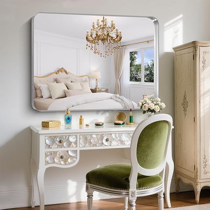 FORBATH 48x36 Inch Bathroom Mirror, Brushed Silver Deep Frame Wall Mirror with Rounded Corners, Anti-Rust Tempered Glass for Modern Farmhouse Vanity (Horizontal/Vertical Hanging)