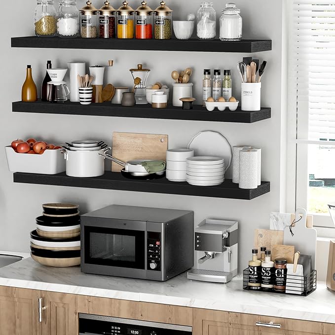 Fun Memories Floating Shelves - 9.3 Inch Deep Wall Shelf for Decor & Storage - Wall Mounted Display Shelving with Invisible Heavy-Duty Metal Bracket - 48" W x 9.3" D x 1.5" H - Set of 1 - Rustic Black