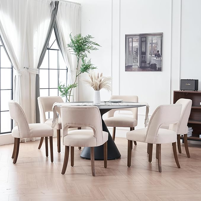 VKNOW Wooden Dining Chairs Set of 6, Modern Fabric Upholstered Dining Room Chair Kitchen Chairs, Farmhouse Dinner Chair for Kitchen Dining Room, Beige