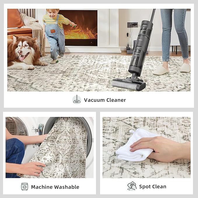 2x6 Runner Rugs for Hallway Non-Slip Fall Runner Rugs with Rubber Backing Washable Rug Runner for Kitchen Bedroom Vintage Distressed Carpet (Border Cream)