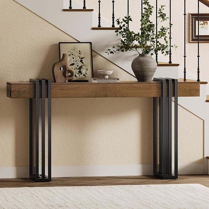 63" Long Console Table for Entryway - Behind Couch Table for Living Room, Wood Sofa Tables with Black Parallel Metal Frame & Power Outlet for Hallway, Entrance, Narrow Foyer, Walnut