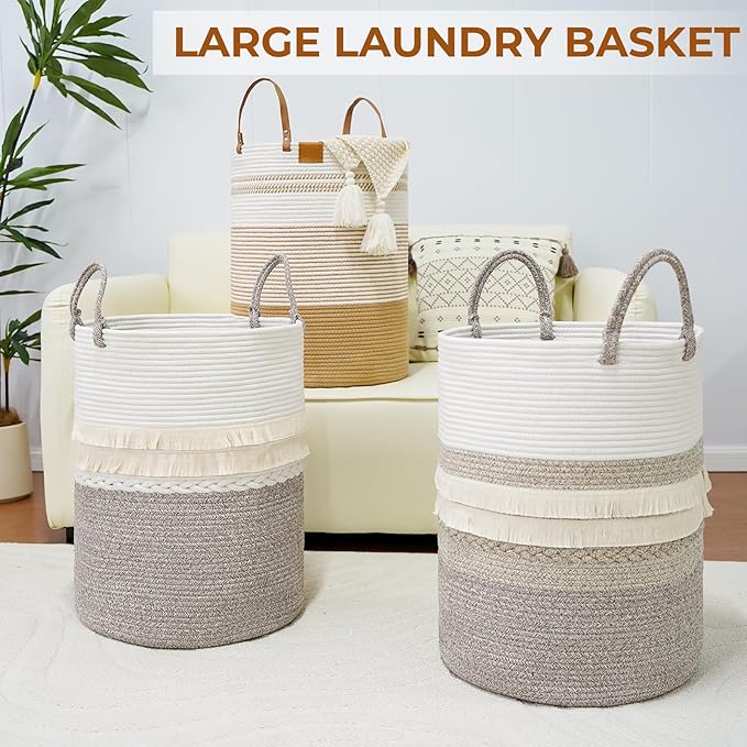 danpinera 79 L Large Laundry Basket, Tall Woven Cotton Storage Hamper with Handles, Dirty Clothes Hamper in Bathroom, Decorative Storage Basket for Living Room White & Brown