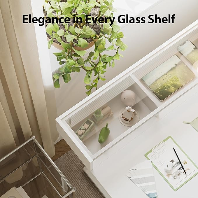 Agilestic Glass Standing Desk with Storage, 48 Inch Electric Adjustable Desk with Glass Shelf, Sit Stand Up Home Office Computer Table, Splice Board, White