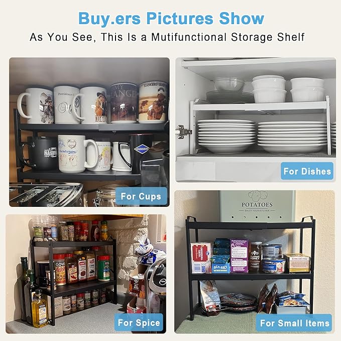 4 Pack Kitchen Cabinet Shelves Organizers, Kitchen Counter Storage Shelf Spice Rack, Expandable Length, Adjustable Height, Stackable, Sturdy 30LBS Bearing, Small Cupboard Tabletop Organizer Shelf Rack