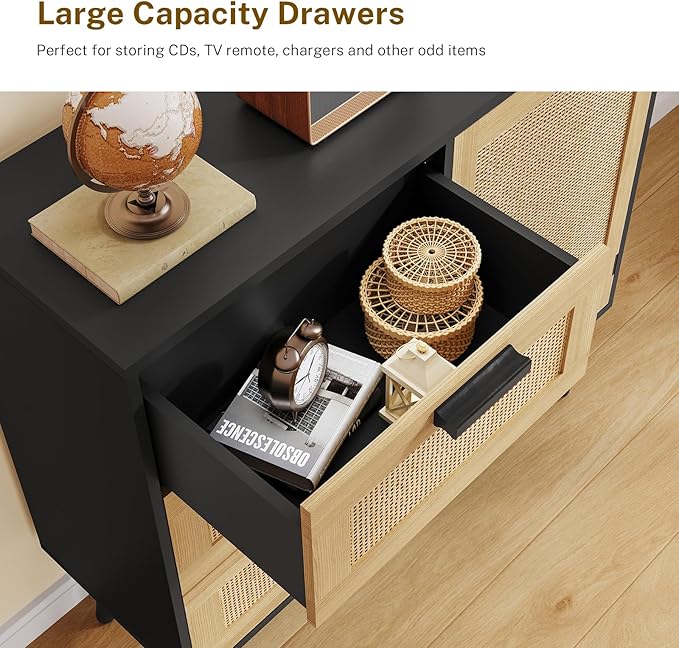 Iwell Storage Cabinet with Rattan Door & 3 Drawers, Rattan Cabinet with Adjustable Shelf, Sideboard Buffet Cabinets with Storage, Entryway Cabinets, for Living Room, Dining Room, Entryway, Black