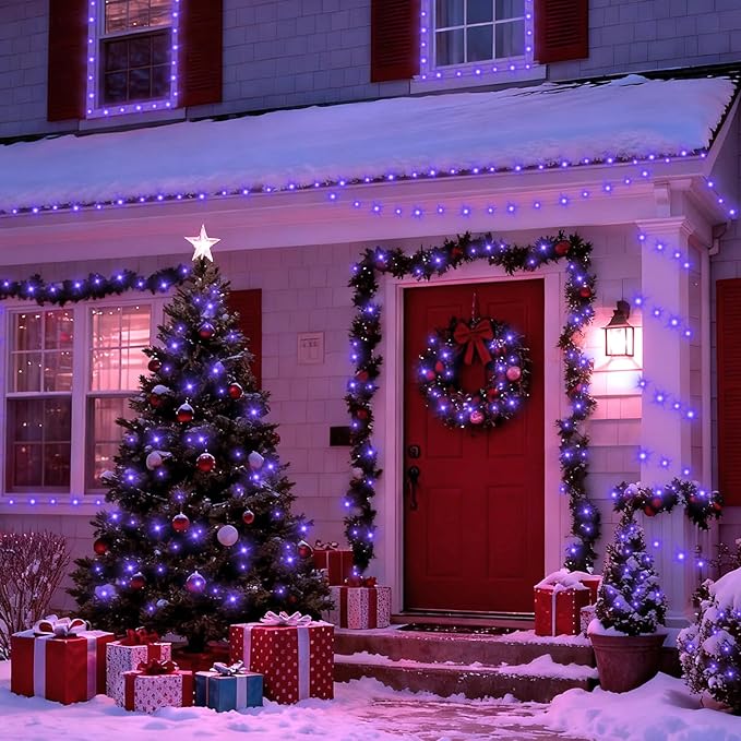 QITONG 165ft 500 LED Purple Christmas Lights, Clear Wire Outdoor String Lights with 8 Modes, Twinkle Xmas Lights Indoor Plug in