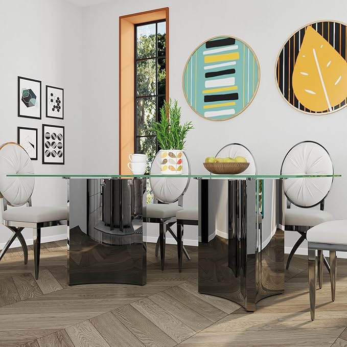 Asday 78" Glass Dining Table, Silver Dining Room Table with Double Pedestal Mirrored Stainless Steel Base, Large Modern Rectangular Kitchen Table for 6-8