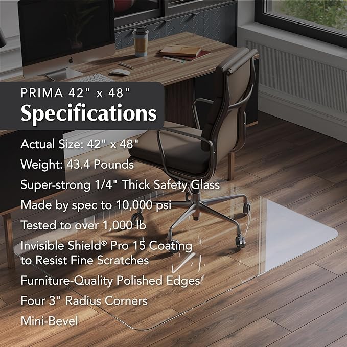 Vitrazza Glass Chair Mat 42” x 48” Superior ¼ Thick, Chiaro Standard Clear, Certified Tempered Safety Glass, Delivers a Smooth Glide, Protects Carpet or Wood, Beautiful in Home or Office.