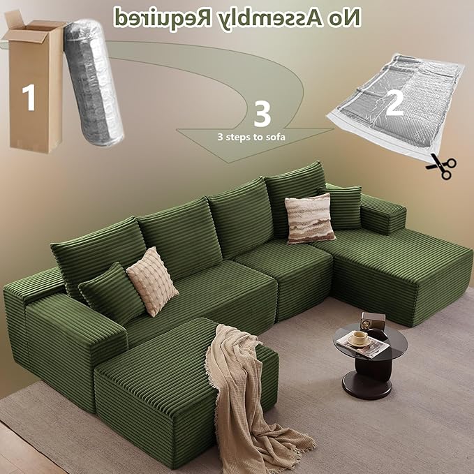 135" U-Shape Cloud Couch, Modern Modular Sectional Comfy L-Shape Sofa with Ottoman, Deep Seat, Upholstered Corduroy Sleeper Chaise Longue for Living Room Bedroom, No Assembly Required, Green