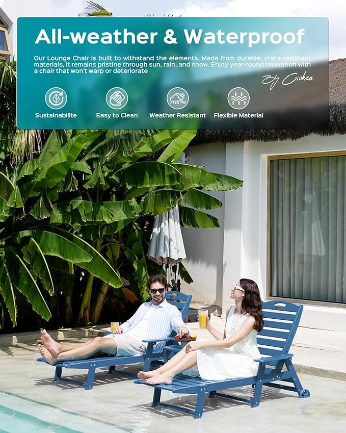 Outdoor Lounge Chair Set of 4, All Weather Patio Chaise Lounge Chair for Outside, HDPE Chair with Rolling Wheels & Cup Holder, 5 Position, Deck, Pool, Navy Blue