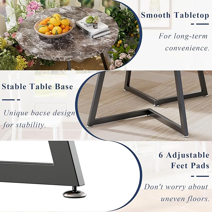 VECELO Small Round Dining Table Set for 2, Wood Tabletop with Strong Metal Frame, Modern Dinette with Chairs for Kitchen, Breakfast Nook Living Room, Faux Marbled & Grey