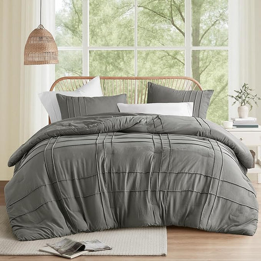 Comfort Spaces Grey Cal King Size Comforter Set - 3 Pieces Pintuck Pleated Bedding Sets, All Season Lightweight, Extra Softness Pre-Washed Microfiber Cal King Bed Set, Shams, Cal King