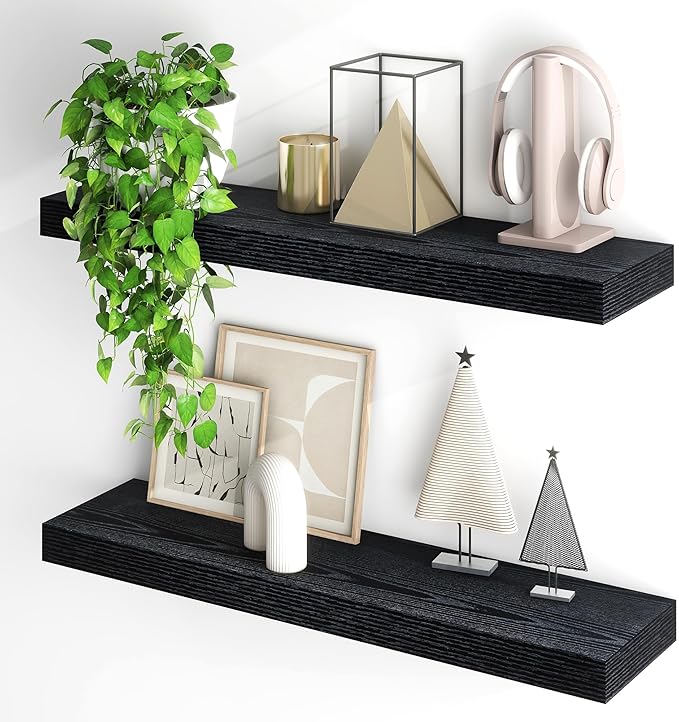Fun Memories Floating Shelves for Wall, 32Inch Floating Shelves Set of 2, Hanging Shelf with Invisible Brackets, Wood Shelves for Living Room, Bedroom, Kitchen, Black