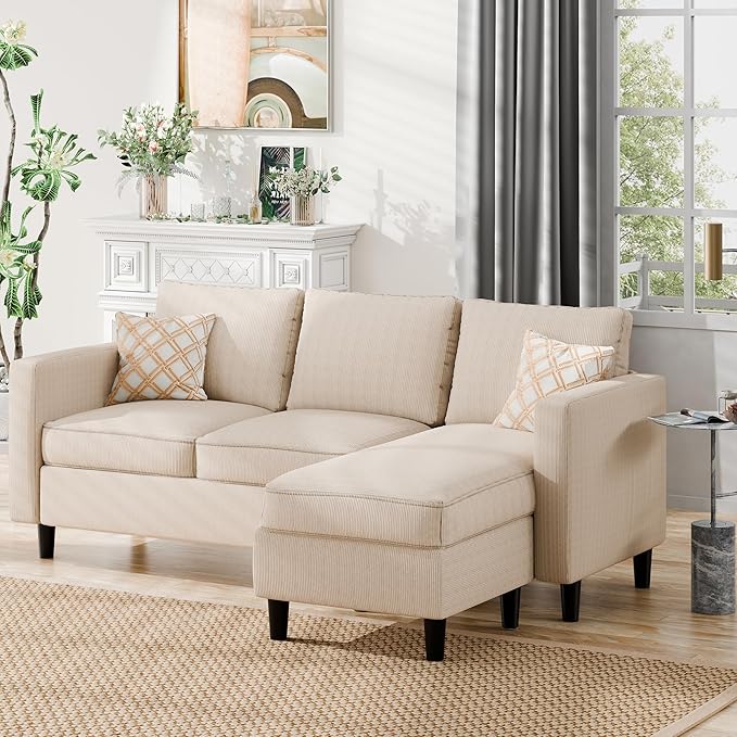 Nuturelly Convertible Sectional Sofa Couch with Movable Ottoman, 3-Seater Modern L-Shaped Sofa for Small Spaces, Soft Fabric Couch for Living Room, Small Apartment & Office(Khaki)