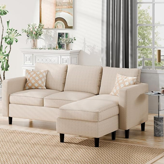 Nuturelly Convertible Sectional Sofa Couch with Movable Ottoman, 3-Seater Modern L-Shaped Sofa for Small Spaces, Soft Fabric Couch for Living Room, Small Apartment & Office(Khaki)