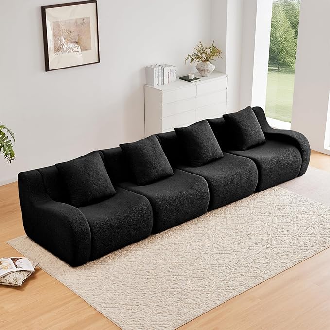 Black 4-Seater Cloud Couch, Modern Teddy Fabric Boneless Sectional Sofa in a Box for Living Room, Modular Floor Couch, Comfortable Deep Seat, No Assembly Required, Sofas para Sala