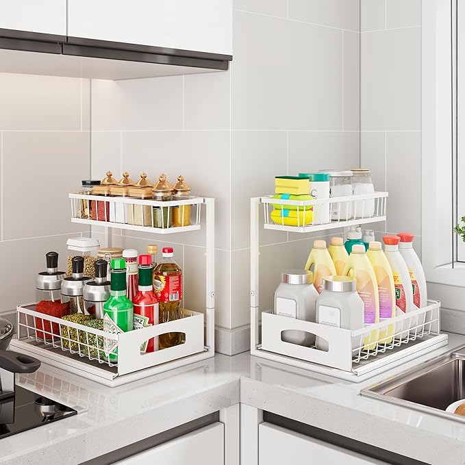 Under Sink Organizer and Storage, Height Adjustable Cabinet Organizer with Slide Out Drawer, Pull Out Under Sink Storage, Multi-Purpose 2 Tier Sink Shelves for Kitchen Bathroom Pantry (White, 1 Pack)